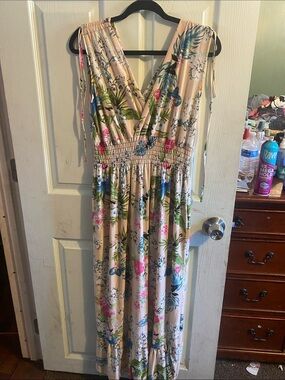 Floral V-Neck Maxi Dress in Beige with Pink & Green